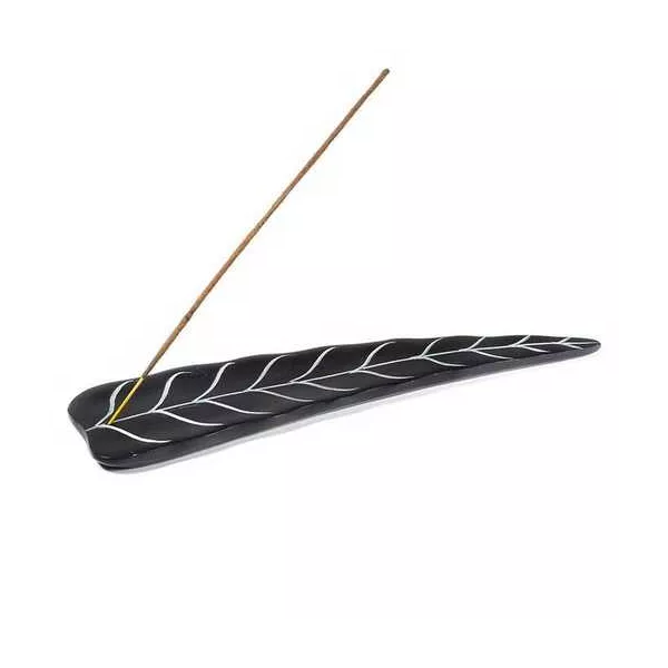 Esoterika - Porta incenso A Foglia In Pietra Ollare Nera -- 25x6,5 Cm