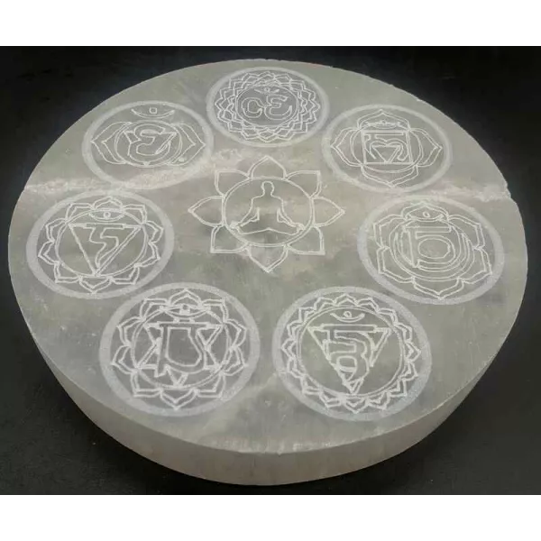 Esoterika - Porta incenso Selenite tondo Budda 7 Chakra 10 cm