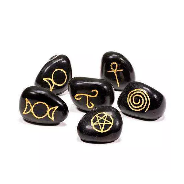 Esoterika - Simboli Wicca Agata Nera Set Di 6 -- 3,3x2.3 Cm