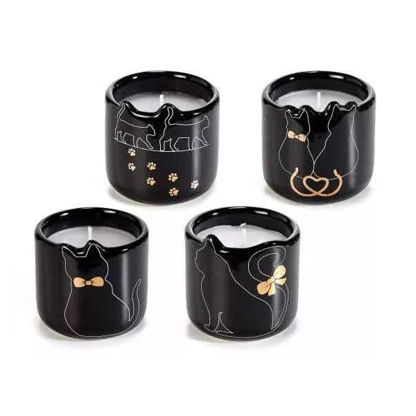 Esoterika - Candela in vasetto di ceramica con decoro gatto, dettagli 