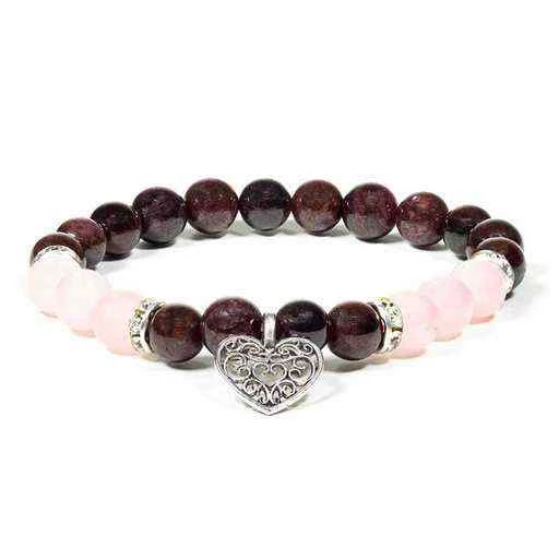 Braccialetto Granato/Quarzo Rosa Con Cuore -- 8mm