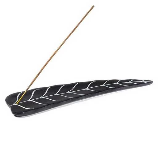 Porta incenso A Foglia In Pietra Ollare Nera -- 25x6,5 Cm