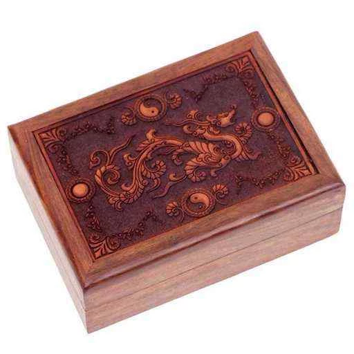 Scatola Tarocchi In Legno Con Drago Inciso -- 17,5x13x6.5 Cm