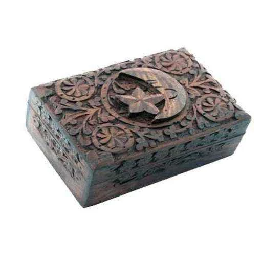 Scatola Tarocchi Stella E Luna Legno Intagliato -- 15x10 Cm