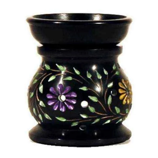 Brucia Essenze Fiori In Pietra ollare Nero -- 10x8 Cm