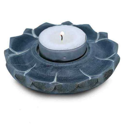 Porta candela/brucia incenso Loto pietra ollare grigio -- 10