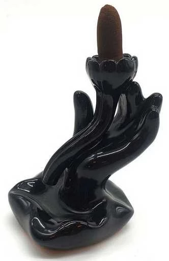 Incensiera in ceramica con riflusso backflow -- Mano con Loto --8x10 cm