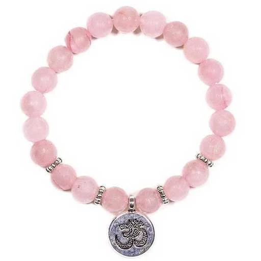 Mala/braccialetto in Quarzo rosa elastico con Ohm -- 0.8 cm