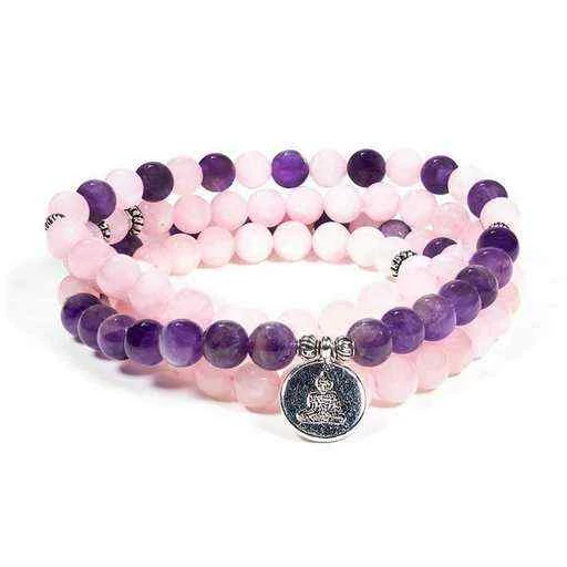 Mala elastico Quarzo rosa/Ametista con Buddha