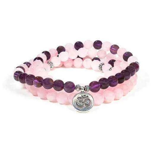 Mala elastico Quarzo rosa/Ametista con Ohm
