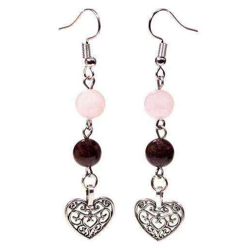 Orecchini Granato/Quarzo rosa con cuore -- 8mm
