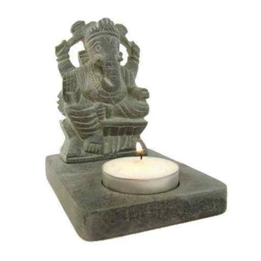 Portalumino in pietra ollare grigia Ganesh -- 11 cm