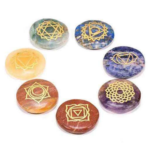 Pietre dure tonde piatte con simboli chakra SET 7 -- 3.5 cm