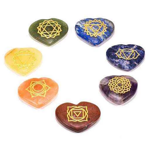 Set 7 pz simboli chakra pietre dure cuoriformi -- 3.5 cm
