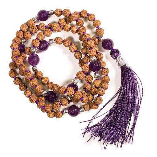 Mala Rudraksha e Ametista con fiocco viola -- 0.5 cm