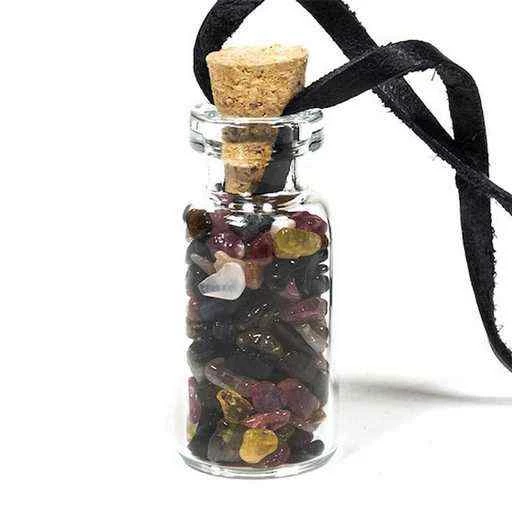 Bottiglietta Regalo in vetro con Tormalina multicolor con cordino in cera