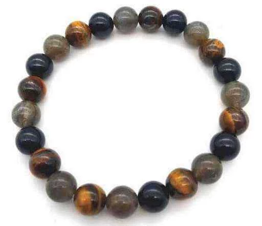 Bracciale Labradorite, Tormalina nera, Occhio di Tigre perle 8mm