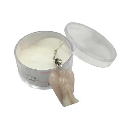 Ciondolo quarzo rosa angelo con catena in metallo bianco antiallergico