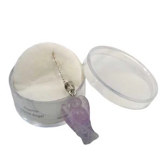Ciondolo fluorite angelo con catena in metallo bianco antiallergico