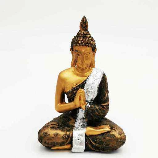 Statua Buddha Thai in preghiera con manto oro/argento/bronzo