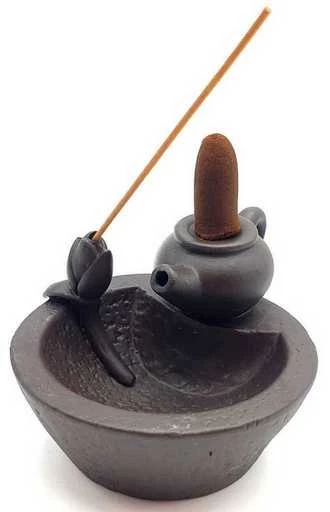 Incensiera in ceramica con riflusso backflow -- Teiera con loto -- 7x10x12 cm