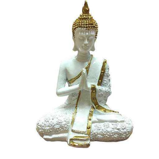 Statua Buddha in preghiera manrtello bianco dorato