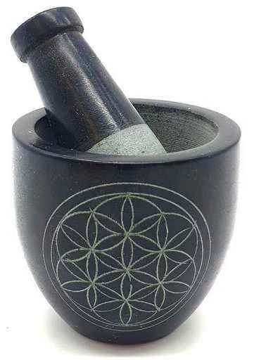Mortaio in Pietra Saponite Nera Fiore della Vita