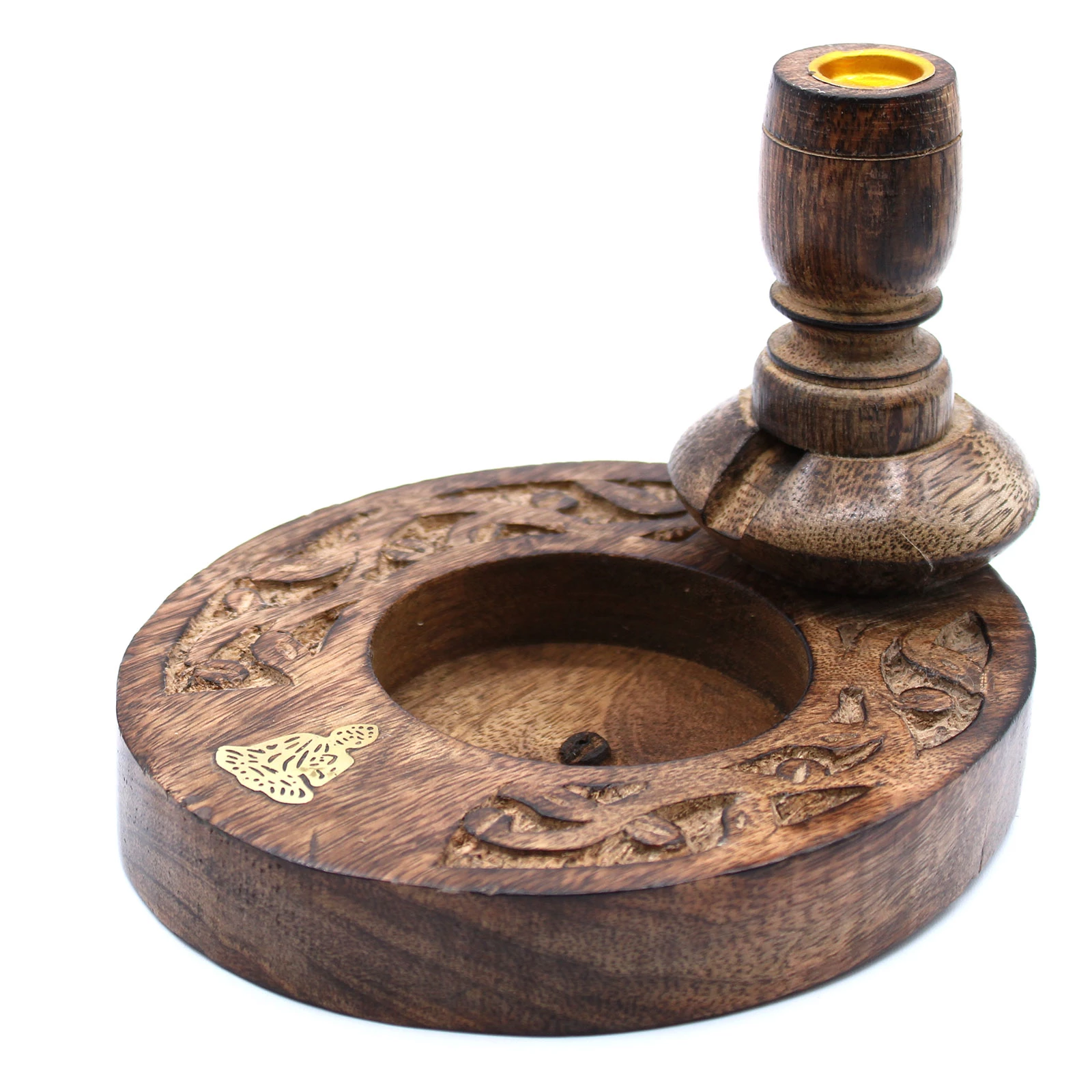 Incensiera in legno di mango a flusso inverso backflow -- Buddha e simboli -- 13x15x12 cm