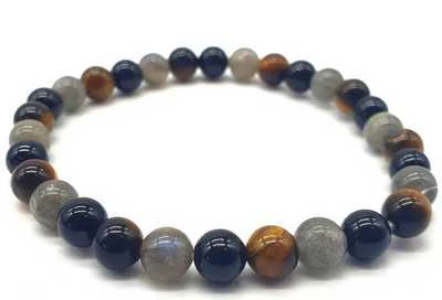 Bracciale Labradorite, Tormalina nera, Occhio di Tigre perle 6 mm