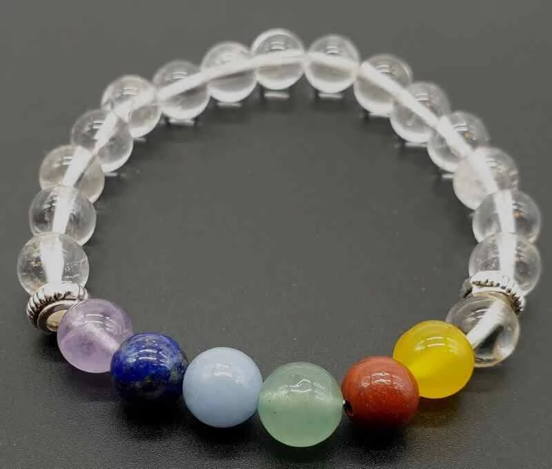 Bracciale Cristallo di Rocca e 7 Chakra perle 8mm