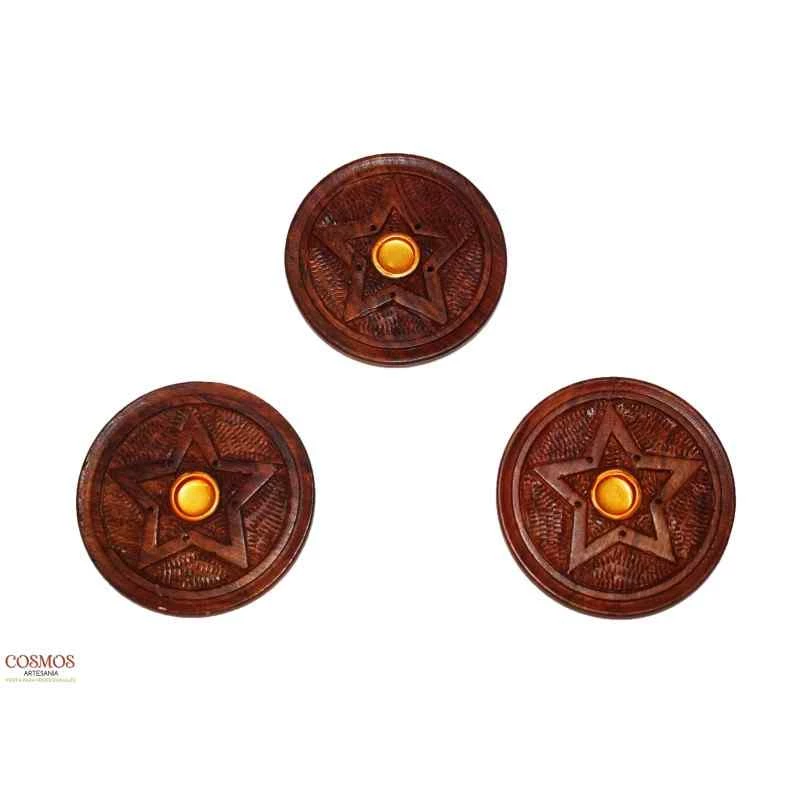 Porta incenso Bastoncini e coni stella  tondo- 10 cm in legno