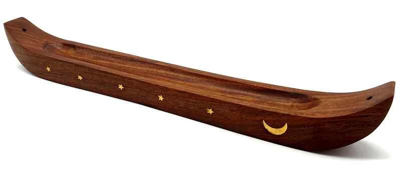 Porta incenso piroga con luna in legno per Bastoncini -- 36 Cm