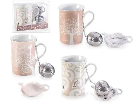Set tazza e piattino in porcellana con filtro acciaio