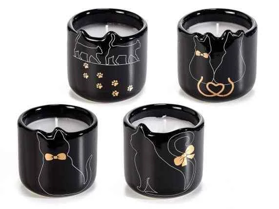 Candela in vasetto di ceramica con decoro gatto, dettagli in oro vero