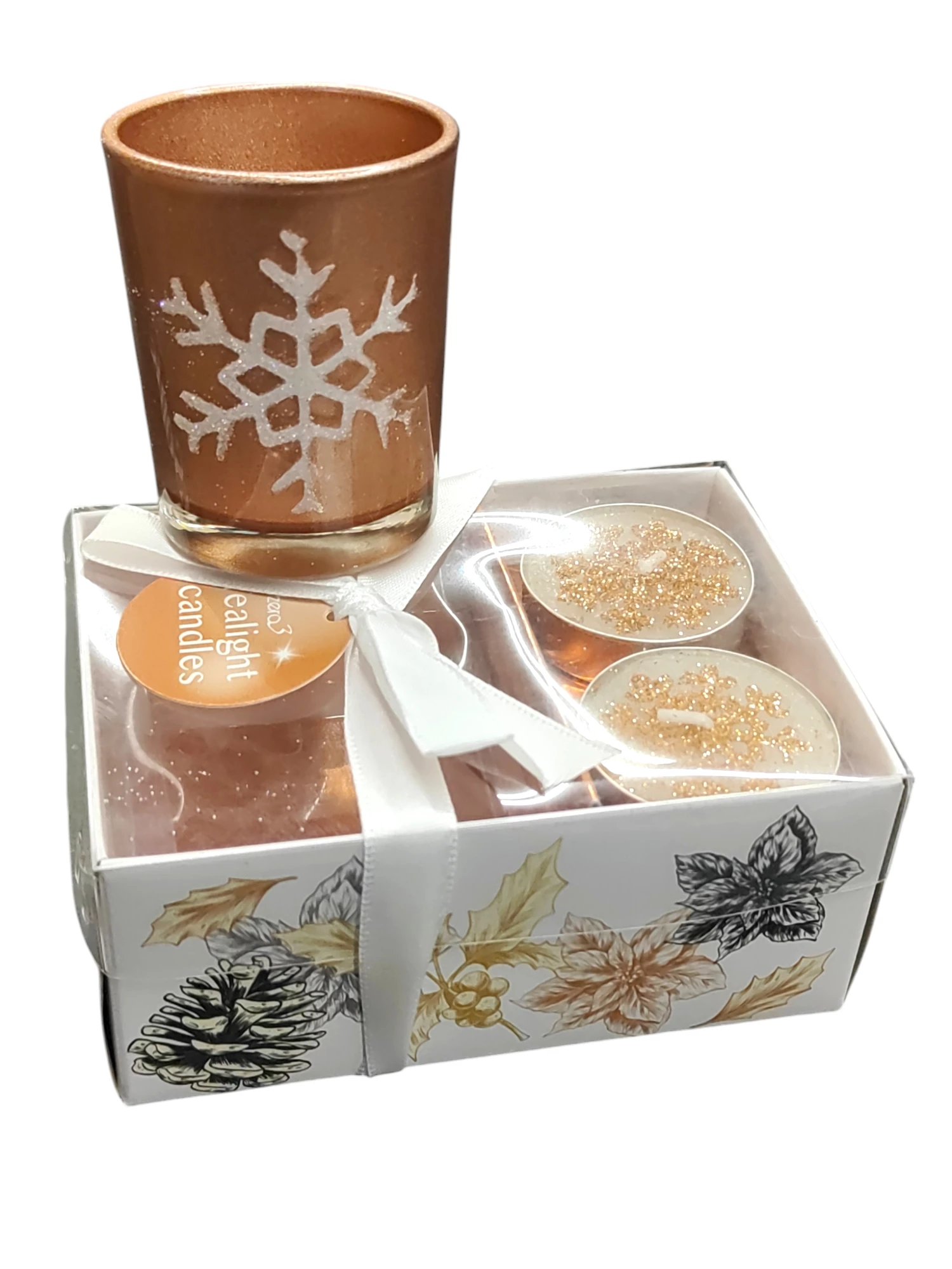 Portacandela vetro in confezione regalo con 2 tealight decorate