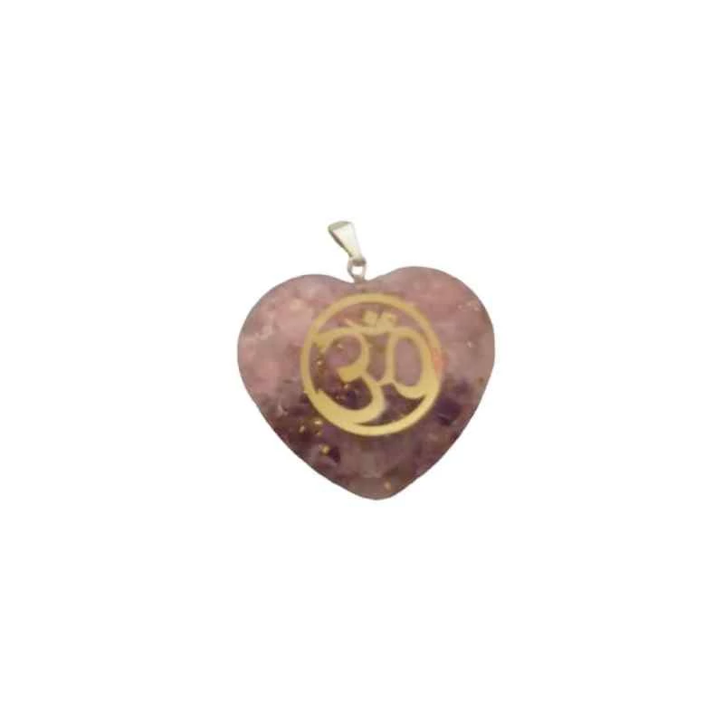 Orgonite Ciondolo Quarzo rosa  ametista a forma di cuore con simbolo OM-- 4x1,5 Cm