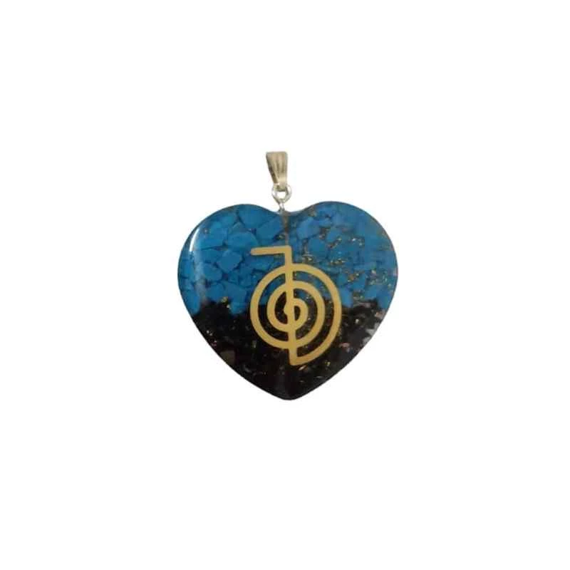 Orgonite Ciondolo Turchese e tormalina nera a forma di cuore simbolo reiki -- 3,7 Cm