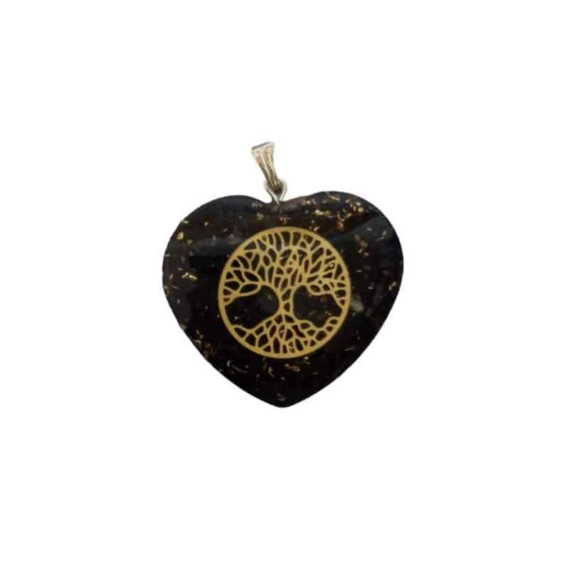 Orgonite Ciondolo Tormalina nera a forma di cuore simbolo albero della vita -- 3,7 Cm