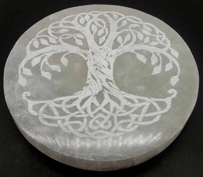 Porta incenso Selenite tondo albero della vita 10 cm