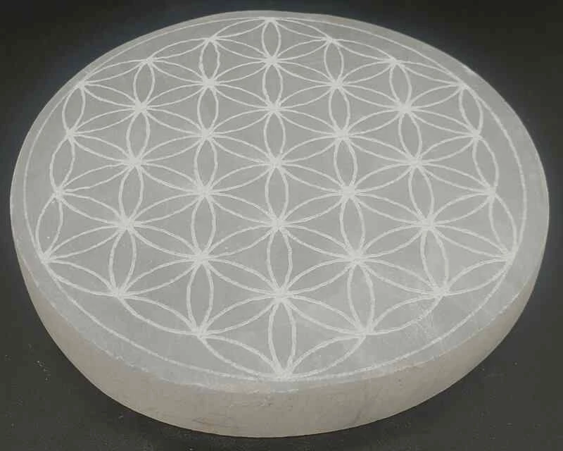 Porta incenso Selenite tondo Fiore della vita 10 cm