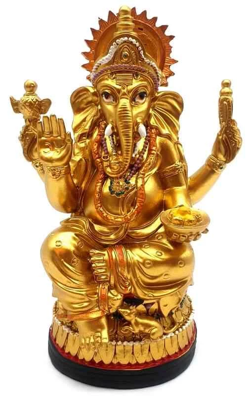 Statua Ganesh su base in resina oro cm 18