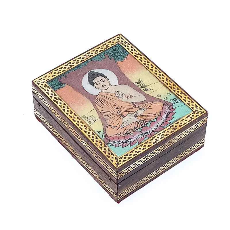 Scatola Per Tarocchi Buddha con albero della bodhi In Legno Di Mango -- 13,5x11x5cm