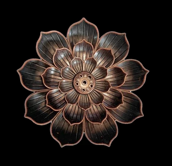 Porta incenso rotondo in metallo colore rame fiore di loto -- 8,5 Cm