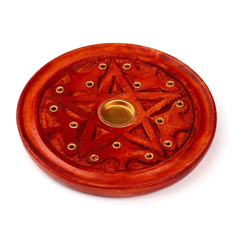 Porta incenso Bastoncini e coni stella  tondo- 10 cm in legno di mango