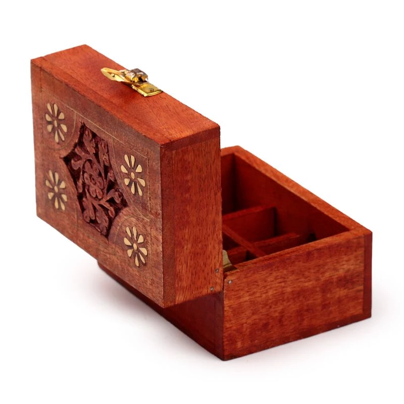 Cofanetto porta essenze in legno di mango intarsi a fiori -- Capacità 6 flaconi