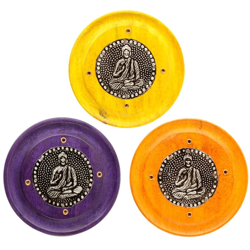 Porta incenso Bastoncini e coni buddha tondo- 10 cm in legno di mango