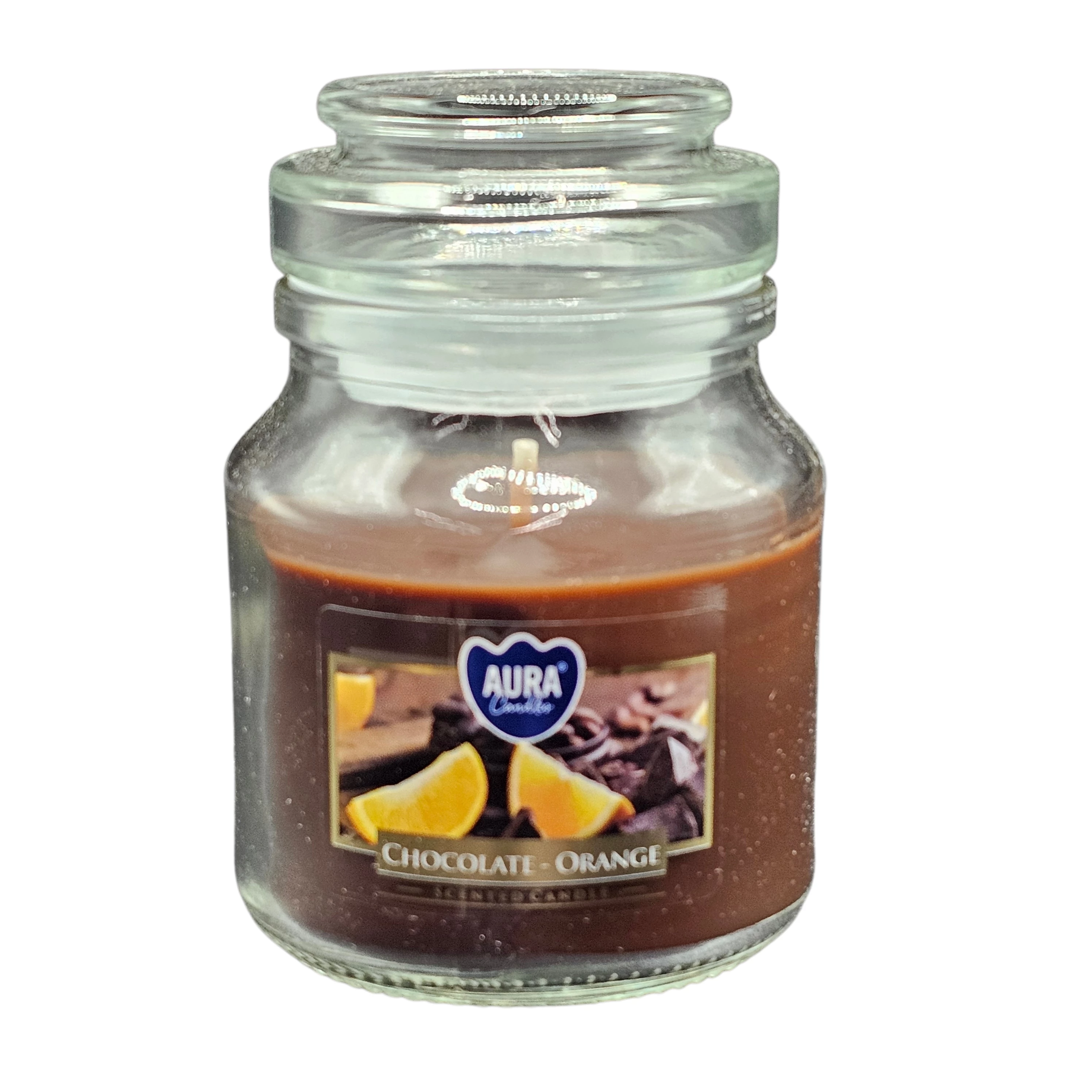 Candela Aura in vetro Cioccolato e Arancio