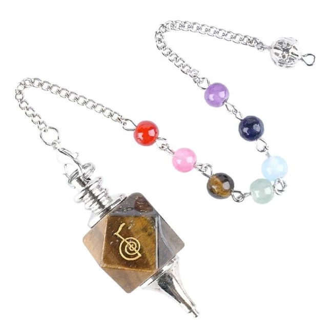 Pendolo Esagonale Occhio di Tigre Reiki ChoKu Rei 7 Chakra -- 4,5x1,8 Cm