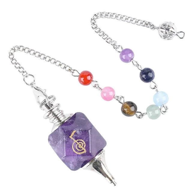 Pendolo Esagonale Ametista Reiki ChoKu Rei 7 Chakra -- 4,5x1,8 Cm