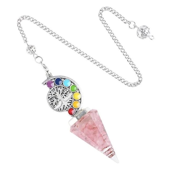 Orgone Pendolo In Quarzo Rosa Sfaccettato Albero della Vita 7 Chakra-- 15g 6 cm